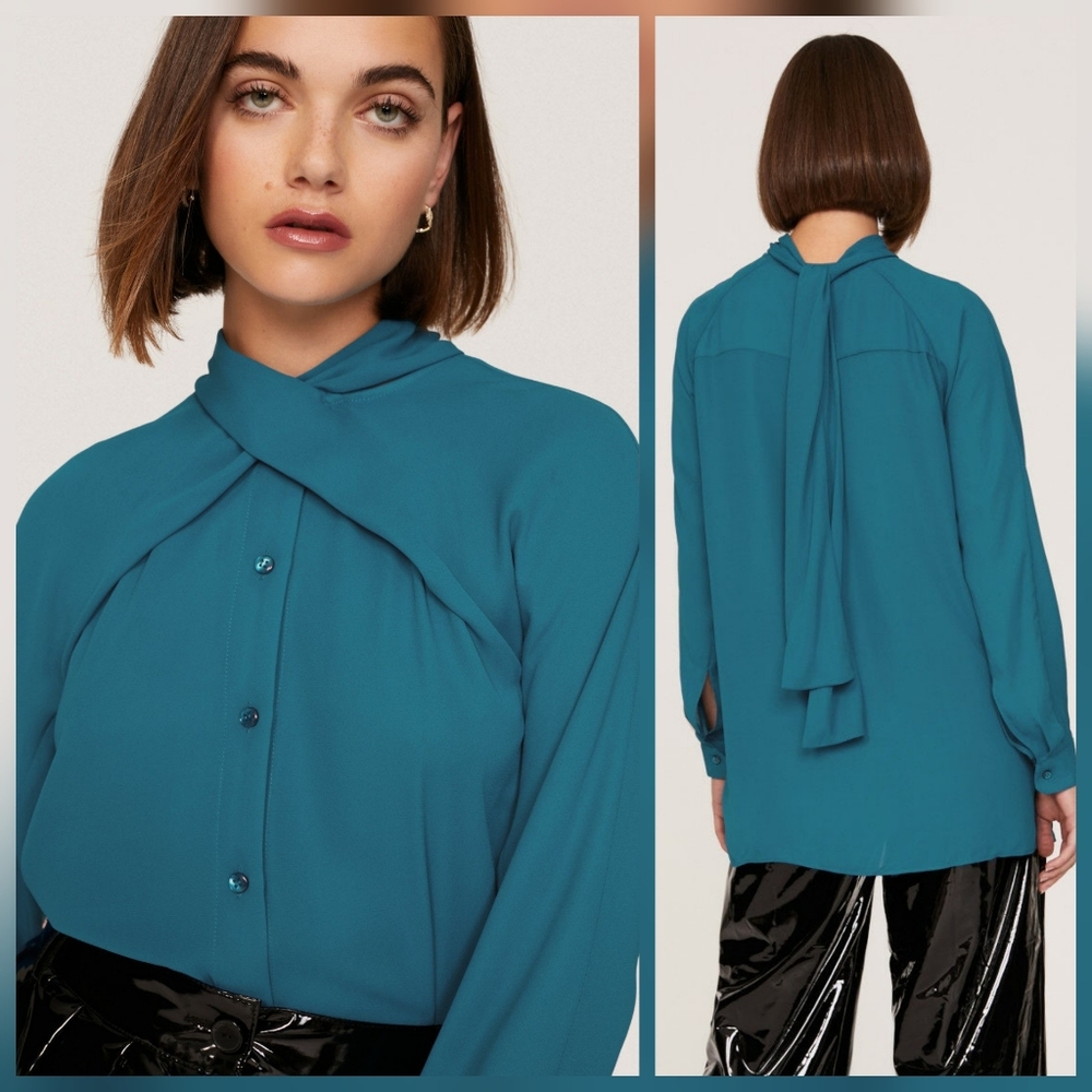 Atlein Tie Back Button Down Top Long Sleeves Tie Neckline Size 12